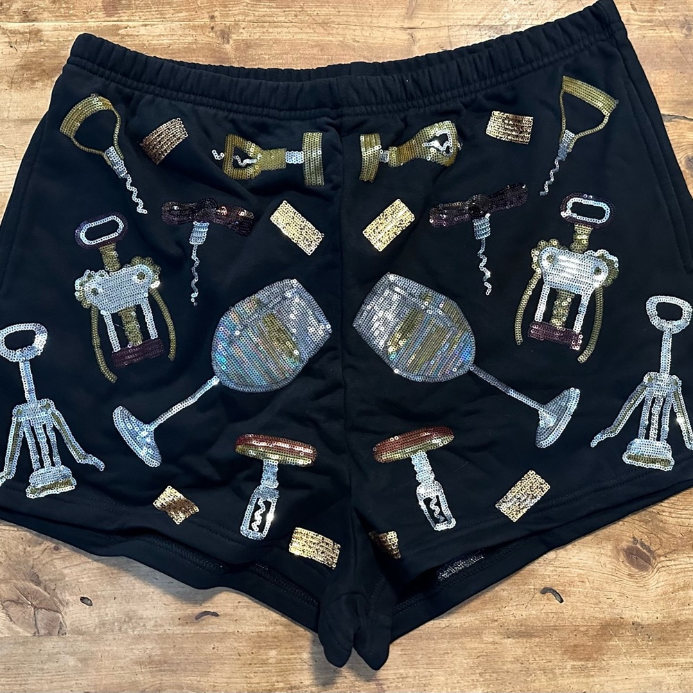 QUEEN OF SPARKLES Black Athletic Shorts with Sequin Wine & Corkscrew Motif